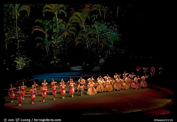 Tonga dancers on stage. Polynesian Cultural Center, Oahu island, Hawaii, USA