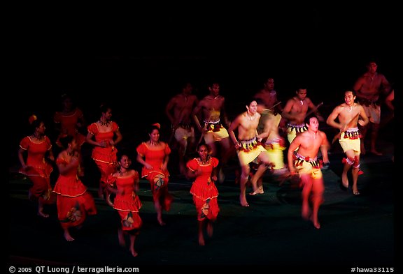 Samoa islanders performing a slap dance. Polynesian Cultural Center, Oahu island, Hawaii, USA (color)