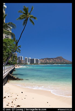 Beach and waterfront promenade. Waikiki, Honolulu, Oahu island, Hawaii, USA