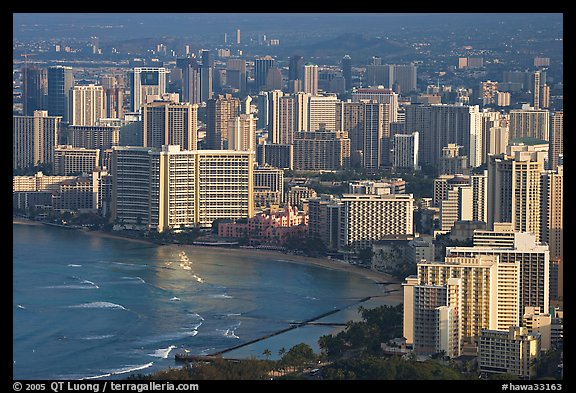 Waikiki seen from the Diamond Head crater, early morning. Waikiki, Honolulu, Oahu island, Hawaii, USA