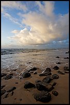 Boulders, beach and clouds, Lydgate Park, sunrise. Kauai island, Hawaii, USA ( color)