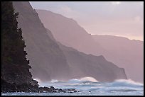 Na Pali Coast and surf seen from Kee Beach, sunset. Kauai island, Hawaii, USA