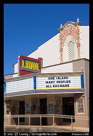 Movie theater with text celebrating Kauai, Lihue. Kauai island, Hawaii, USA (color)