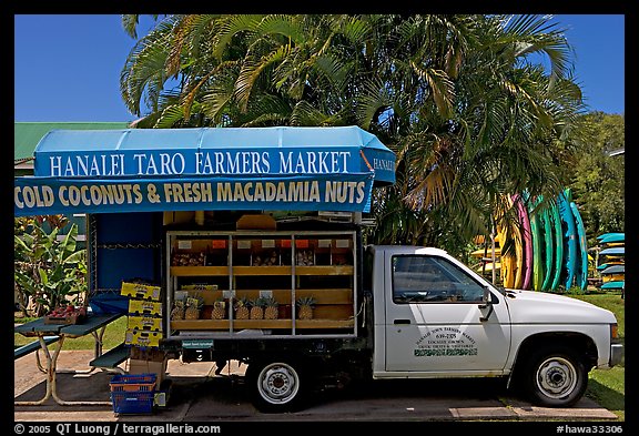 Pickup truck transformed into a fruit stand. Kauai island, Hawaii, USA