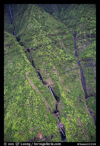 Aerial view of waterfalls on the slopes of Mt Waialeale. Kauai island, Hawaii, USA