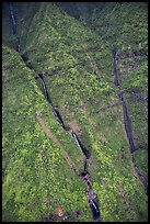 Aerial view of waterfalls on the slopes of Mt Waialeale. Kauai island, Hawaii, USA
