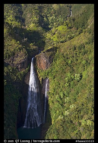 Aerial view of the Manawaiopuna falls (nicknamed Jurassic falls since featured in the movie). Kauai island, Hawaii, USA (color)