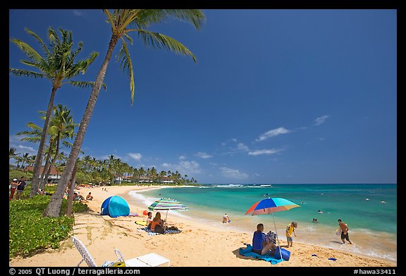 Sun unbrellas and palm trees, mid-day, Poipu Beach. Kauai island, Hawaii, USA