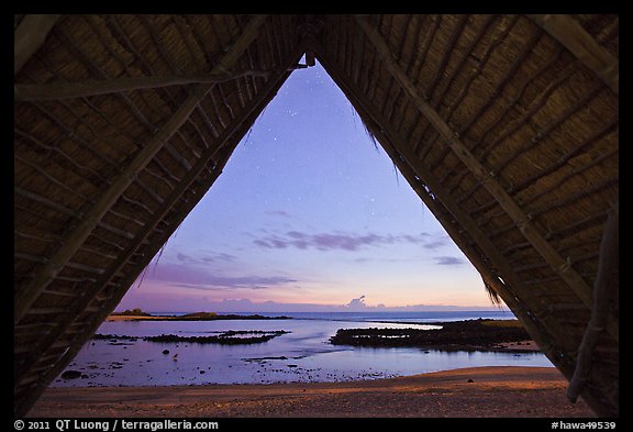 Aiopio fishtrap framed by Halau at dusk, Kaloko-Honokohau National Historical Park. Big Island, Hawaii, USA (color)