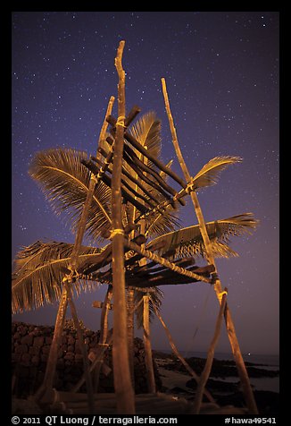 Altar and palm tree at night, Kaloko-Honokohau National Historical Park. Hawaii, USA (color)