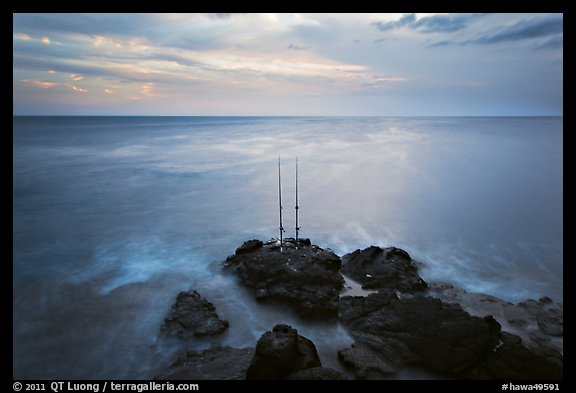Fishing rods at sunset, Ka Lea (South Point). Big Island, Hawaii, USA (color)