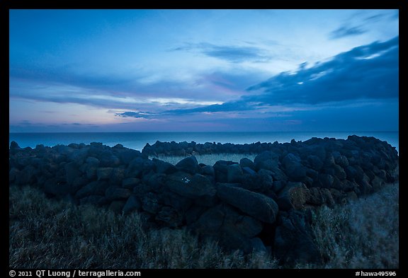 Ruins of ancient hawaiian temple at dusk, South Point. Big Island, Hawaii, USA