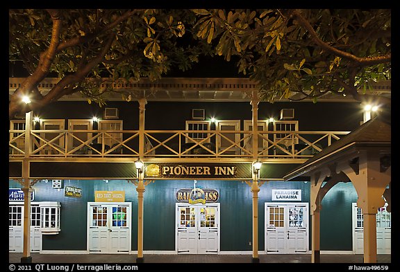 Pioneer Inn facade at night. Lahaina, Maui, Hawaii, USA