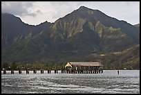 Hanalei Pier, mountains, and surfer. Kauai island, Hawaii, USA (color)