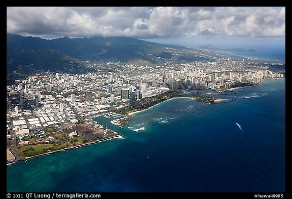 Aerial view of parks and city. Honolulu, Oahu island, Hawaii, USA (color)