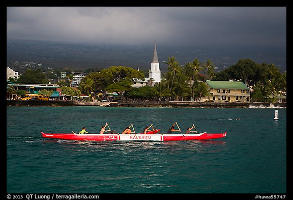 Outrigger canoe and Mokuaikaua church, Kailua-Kona. Hawaii, USA (color)