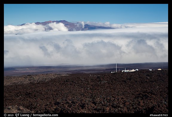 Mauna Loa Observatory, clouds, and Mauna Kea. Big Island, Hawaii, USA