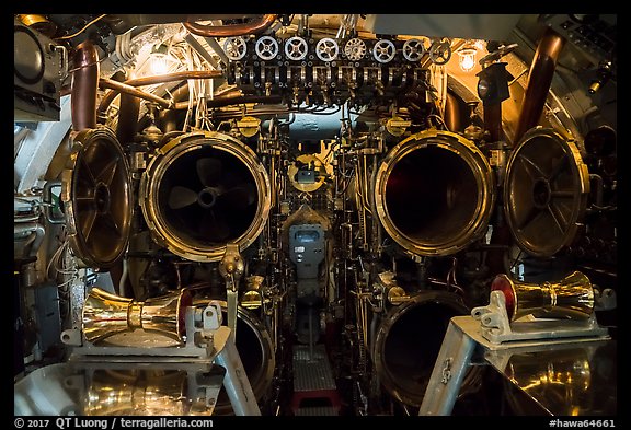 Torpedo launch tubes, USS Bowfin submarine, Pearl Harbor. Oahu island, Hawaii, USA (color)