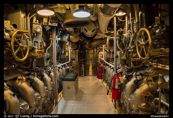 Submarine machine room, USS Bowfin, World War 2 Valor in the Pacific National Monument. Oahu island, Hawaii, USA (color)