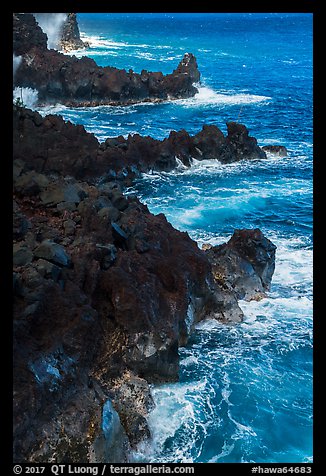 Jagged lava ribs and ocean, MacKenzie State Recreation Area. Big Island, Hawaii, USA (color)