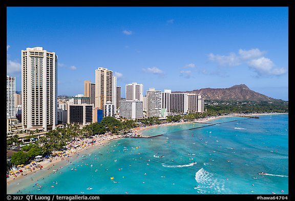 Aerial view of Waikiki Bay and Beach. Honolulu, Oahu island, Hawaii, USA