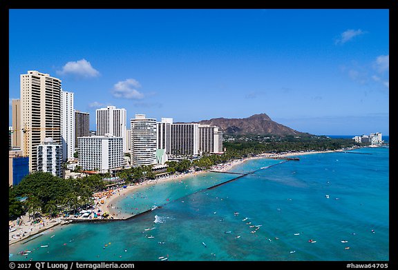 Aerial view of Kuhio Beach, Waikiki skyline and Diamond Head. Waikiki, Honolulu, Oahu island, Hawaii, USA