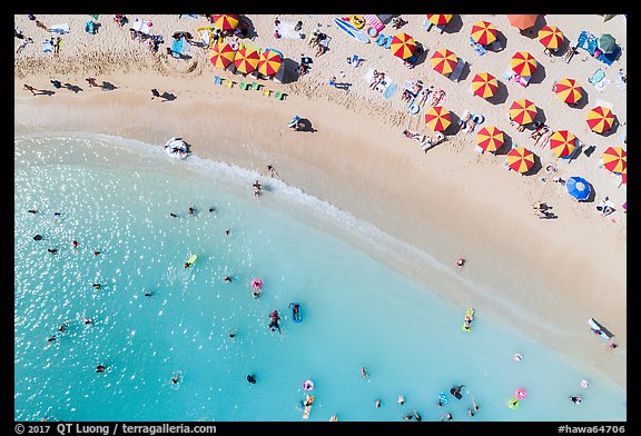 Aerial view of sun umbrellas and beachgoers looking down, Kuhio Beach. Waikiki, Honolulu, Oahu island, Hawaii, USA