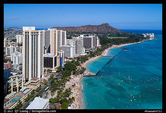 Aerial view of Waikiki Beach, skyline, and Diamond Head. Honolulu, Oahu island, Hawaii, USA