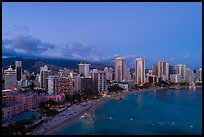 Aerial view of Waikiki Beach and skyline at dusk. Honolulu, Oahu island, Hawaii, USA ( color)