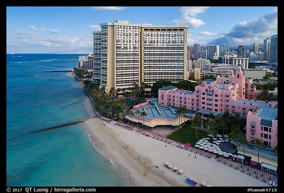 Aerial view of Royal Hawaiian Hotel and Waikiki. Waikiki, Honolulu, Oahu island, Hawaii, USA