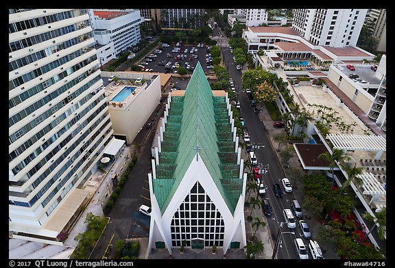 Aerial view of St Augustine Church, Waikiki. Waikiki, Honolulu, Oahu island, Hawaii, USA