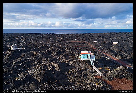 Aerial view of houses on new lava field, Kalapana. Big Island, Hawaii, USA