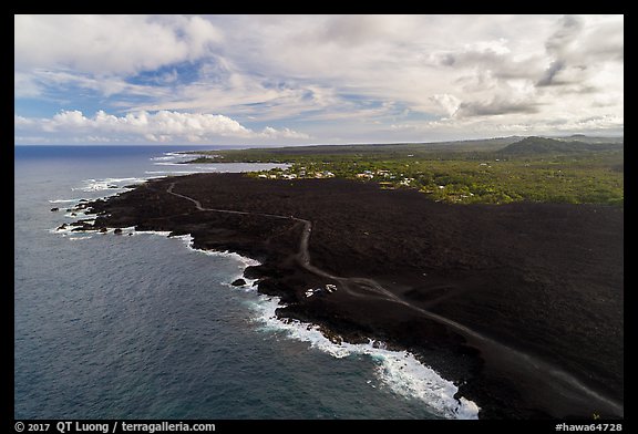 Aerial view of lava field and coastline near Cape Kumukahi. Big Island, Hawaii, USA