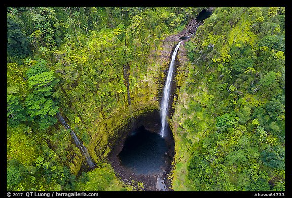 Aerial view of Akaka Falls dropping into luxuriant bowl. Akaka Falls State Park, Big Island, Hawaii, USA (color)