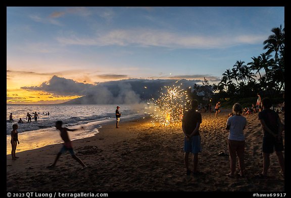 Forth of July fireworks on beach, Kihei. Maui, Hawaii, USA (color)