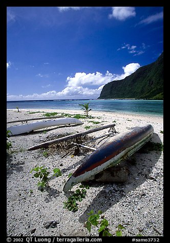 Traditional polynesian canoes near the Asaga Strait, Ofu Island. American Samoa