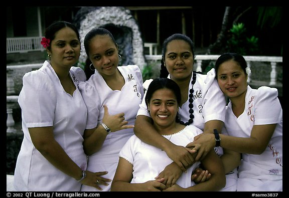 Young women dressed in white for sunday church, Pago Pago. Pago Pago, Tutuila, American Samoa