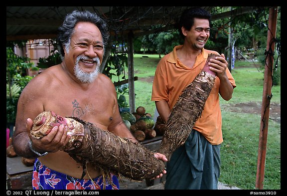 Islanders holding Taro roots in Iliili. Tutuila, American Samoa