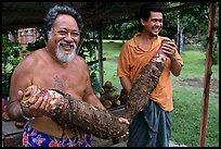 Islanders holding Taro roots in Iliili. Tutuila, American Samoa (color)