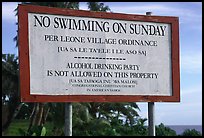 Sign prohibiting activities on Sunday. Tutuila, American Samoa
