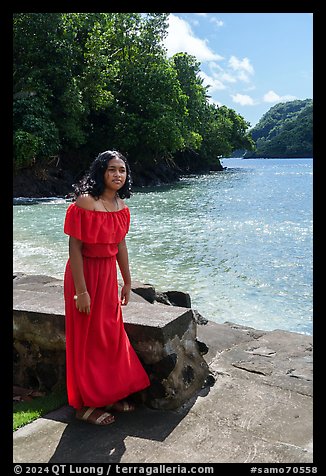 Samoan young woman in red dress, Fagasa. Tutuila, American Samoa (color)