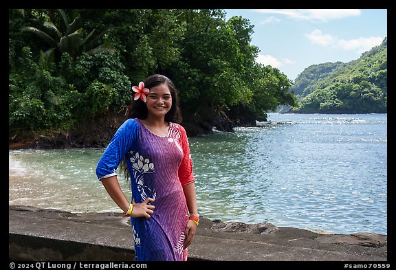 Smiling samoan woman with flower in hair, Fagasa. Tutuila, American Samoa (color)