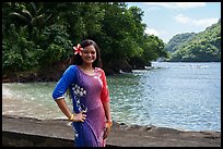 Smiling samoan woman with flower in hair, Fagasa. Tutuila, American Samoa ( color)