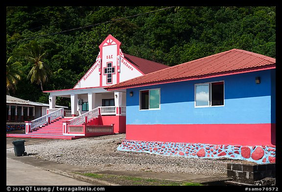 Colorful house and church, Onenoa. Tutuila, American Samoa (color)