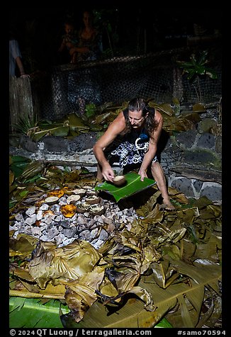 Man taking out foods prepared in Umu earth oven, Tisa Barefoot Bar. Tutuila, American Samoa (color)