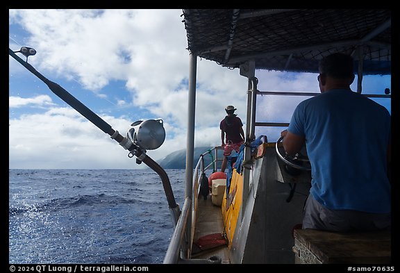 Alia boat approaching Tau Island. American Samoa (color)