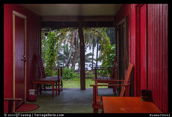 View of beach from open corridor of home, Tau Island. American Samoa