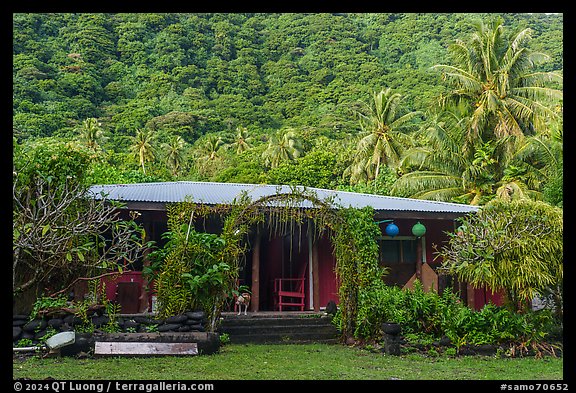 House and forested hill, Tau Island. American Samoa (color)