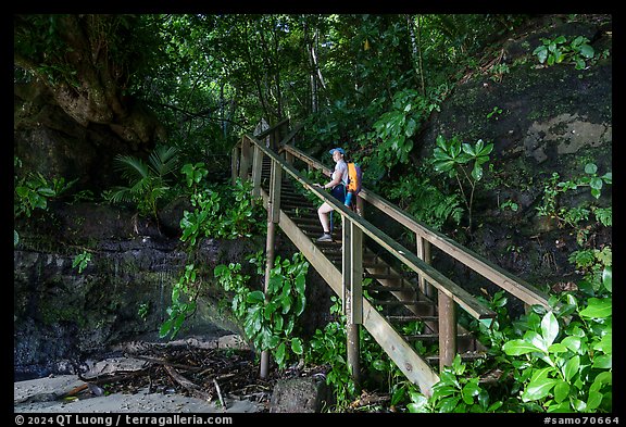 Hiker on staircase to beach, Fagatele Bay. Tutuila, American Samoa (color)