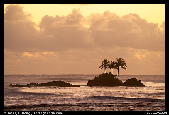 Islets with coconut trees at sunset, Afao. Tutuila, American Samoa (color)